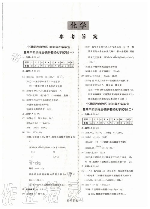 贏在中考 寧夏中考考前模擬8套卷化學答案解析大全